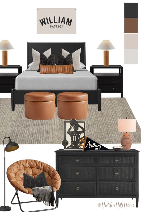 Teen boys sports themed bedroom decor! Masculine boys room decor mood board Boys Bedroom Black Bed, Moody Boys Room, Teen Boy Bed, Boys Room Mood Board, Boys Bedroom Interior Design, Boy Room Ideas, Modern Boys Bedroom, Sports Themed Bedroom, Sports Room Boys