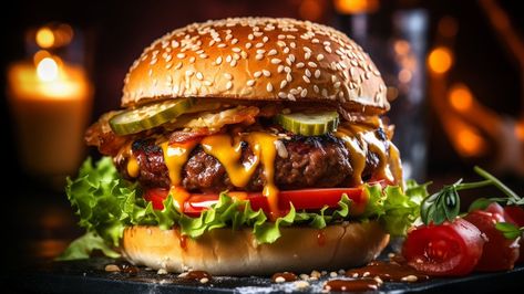 an extreme closeup shot of a juicy delicious burger, food photography, cozy atmosphere, evening, interior shot Hot Burger, Big Sandwich, Burger And Chips, Double Cheeseburger, Food Background, Burger Bar, Beef Patty, Food Backgrounds, Delicious Burgers