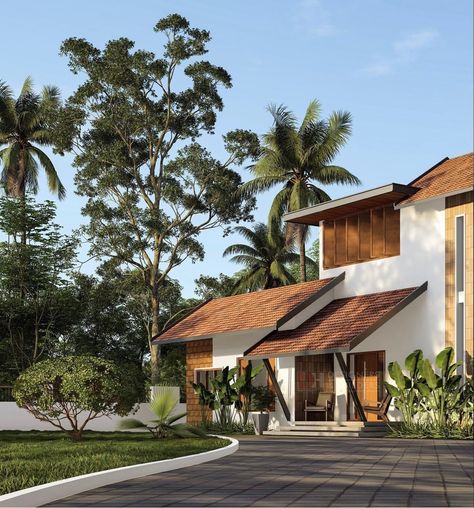 Kerala House Elevation, Tropical Minimalist House, Elevation Designs For House, Office Reference, Kitchen Exterior, Tropical Contemporary, Kerala Traditional House, Brick Roof, Colonial House Exteriors