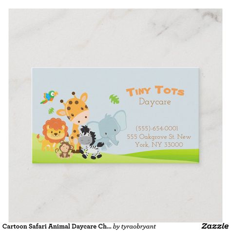 Cartoon Safari Animal Daycare Childcare Business Card Daycare Logo, Childcare Business, School Mom, Professional Business Cards, Safari Animals, Cartoon Design, Childcare, Vintage Gifts, Cartoon Animals