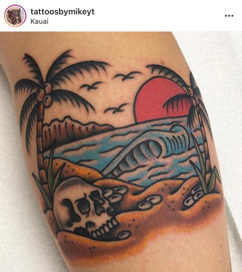 Pirate Artwork, Ocean Theme Tattoos, Traditonal Tattoo, Traditional Tattoo Drawings, Beach Tattoos, Scene Tattoo, Sea Tattoo, Summer Tattoo, Theme Tattoo