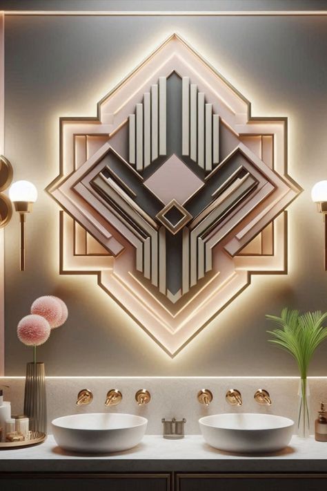 Add a touch of 1920s glamour with art deco-inspired geometric wall lights. Vintage charm meets modern functionality. #ArtDecoLighting #GeometricSconces Art Deco Hotel Room, Art Deco Neon, 1920s Glamour, Art Deco Hotel, Glow Art, Art Deco Inspiration, Art Deco Geometric, Art Deco Lighting, Hotel Project