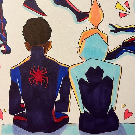 Miles Drawings Of Gwen, Gwen And Miles Sketch, Spiderman And Gwen Painting, Miles And Gwen Swinging Upside Down, Miles And Gwen Painting, Miles Morales Dibujo, Gwen Stacy, Mac Miller, Miles Morales