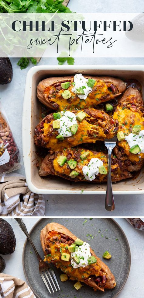 Chili Loaded Baked Potato, Loaded Chili Baked Potato, Ways To Eat Chili, Chili Stuffed Sweet Potato, Stuffed Sweet Potato Recipes, Sweet Potato Boats, Chili Baked Potato, Loaded Sweet Potatoes, Potato Ideas