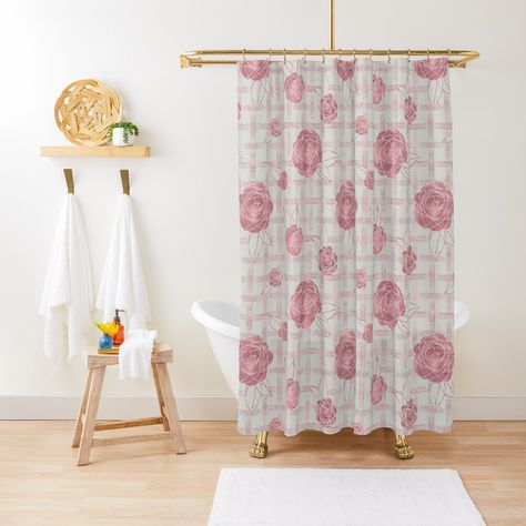 Get my art printed on awesome products. Support me at Redbubble #RBandME: http://www.redbubble.com/people/wickedrefined/works/34571938-vintage-elegant-pink-roses-on-dots-basket-weave-pattern?p=shower-curtain&asc=u Peach Shower Curtain, Gold Shower Curtain, Minimalist Showers, Pink Shower Curtains, Pink Showers, Abstract Shower Curtain, Huevos Fritos, Gold Shower, Bath Curtain