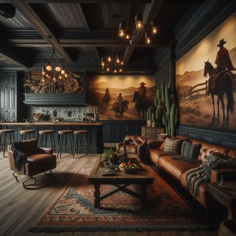 Western Style Basement, Western Ranch Interior Design, Dark Southern Home Decor, Dark Western Interior Design, Western Asethic House, Cowboy Style Living Room, Modern Cowboy Home Decor, Rustic Western Interior Design, Old West Interior Design