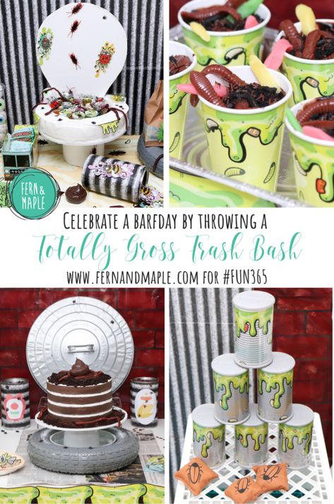 Throw a super gross trash bash barfday party for your kids, complete with a potty-inspired DIY Favor Bar, DIY rotten food cans, bugs and more! #fun365 #kidsparty #parties #fernandmapleparties #party #birthdayparty Trash Themed Food, Party Food For Adults, Rotten Food, Trash Bash, Halloween Themed Food, Slime Birthday, Gross Food, Nerf Party, Bar Diy