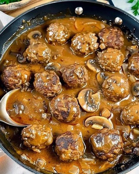 Sabrina Clements Meatballs In Mushroom Sauce, Gourmet Meatballs, Lobster Cream Sauce, Mushroom Meatballs, Ground Beef Meatballs, Cream Sauce Recipes, Ground Meat Recipes, Buttered Noodles, Creamy Mushroom Sauce