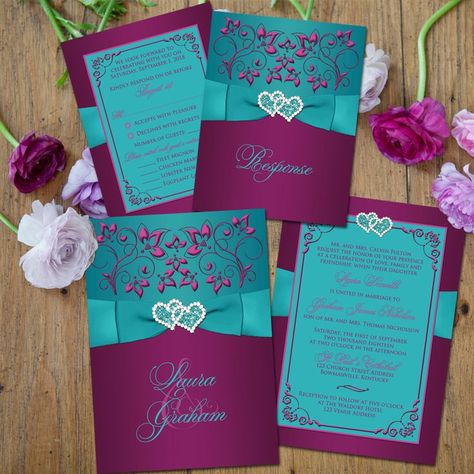 Purple And Teal Wedding, Teal Blue Weddings, Elegant Wedding Colors, Teal Wedding Invitations, Magenta Wedding, Purple Wedding Invitations, Purple And Teal, Blue Themed Wedding, Teal Wedding