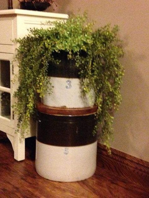 primitive,Crocks. Large Crock Decorating Ideas Spring, Primitive Crock Decor Ideas, Crock Pottery Decor, Large Crocks Decor Ideas, Decorate With Crocks Rustic, Large Crock Decorating Ideas Farmhouse Style, Displaying Old Crocks, Antique Crocks Decor Ideas Living Room, 10 Gallon Crock Decor Ideas