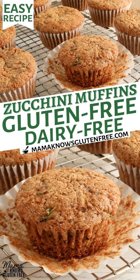 An easy recipe for gluten-free zucchini muffins. This gluten-free breakfast recipe is also dairy-free. Gluten Free Zucchini Recipes, Mama Knows Gluten Free, Gluten Free Dairy Free Muffins, Gluten Free Zucchini Muffins, Pillsbury Gluten Free, Gf Muffins, Gluten Free Zucchini Bread, Dairy Free Muffins, Gluten Free Breakfast