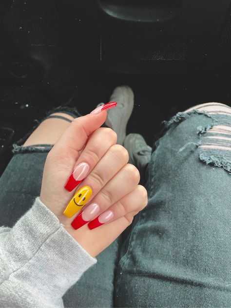 Red And Yellow French Tip Nails, Yellow And Red Nails, French Tip Red, Ugly Hands, Nails With Yellow, Smiley Face Nails, Red French Tip Nails, Red French Tip, Face Nails