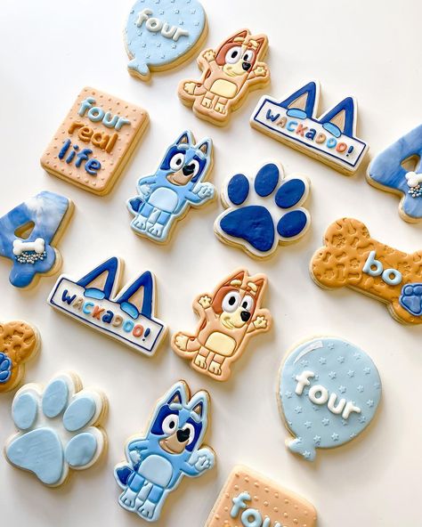 🦴 WACKADOO 🐾 Bo’s Bluey Cookies for his 4th… | Instagram Bluey 1st Birthday Cookies, Bluey Themed Cookies Decorated, Royal Icing Cookies Bluey, Bluey Themed Desserts, Fourth Birthday Bluey, Bluey Decorated Sugar Cookies, Bluey Birthday Cookies For Boys, Bluey Themed Cookies, Bluey Cookies Birthday