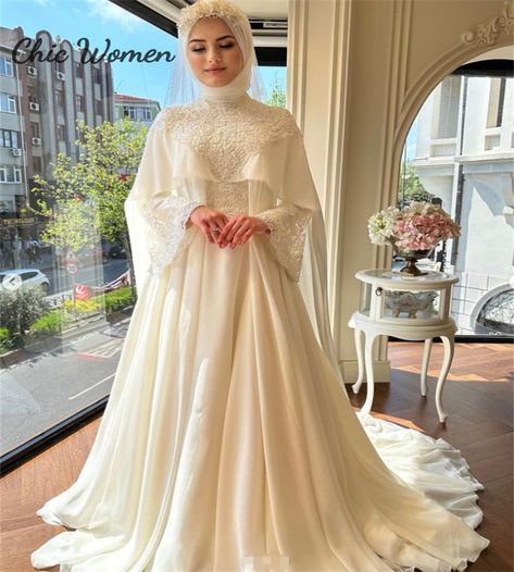 Luxury Islamic Muslim Wedding Dress With Caped Elegant Long Sleeve Lace Boho Turkey Moroccan Dubai White Abaya Wedding, Hijabi Wedding Dress Simple, Hijab Wedding Dresses Simple, Hijabi Wedding Dress, Muslim Wedding Dress Hijab Bride, Islamic Wedding Dress, Hijabi Wedding, Muslim Wedding Gown, Wheat Rice