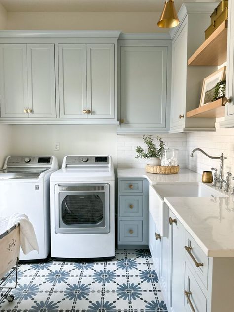 Laundry White Cabinets, Paint Colors For Small Laundry Room, Blue Cabinets Laundry, Laundry Room Blue Cabinets, Best Blue Cabinet Paint Colors, Blue Cabinet Paint Colors, Blue Laundry Room Cabinets, Outdoor Tile Table, Blue Laundry Room