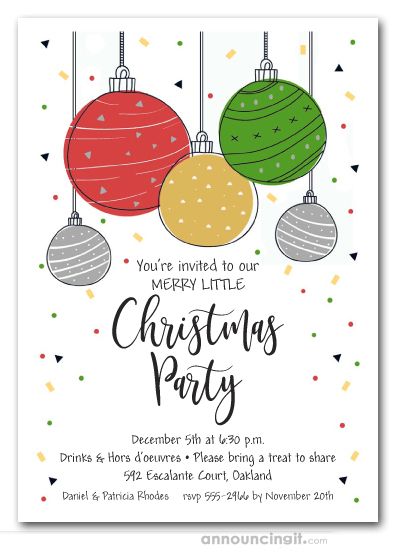 Christmas Gathering Invitations, Green And Silver Christmas Tree, Silver Christmas Tree Ornaments, Ornament Exchange Party, Mod Christmas, Christmas Party Invitation Template, Ornament Exchange, Silver Christmas Tree, Green And Silver