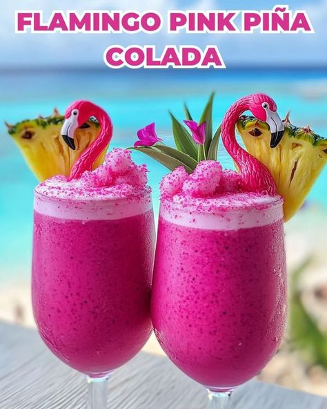 Flamingo Lovers | Flamingo Pink Piña Colada 🦩🍹 | Facebook Cocktail Umbrella, Cream Of Coconut, Rum Cream, Strawberry Puree, White Rum, Flamingo Pink, Pineapple Juice, Pina Colada, 1 Cup