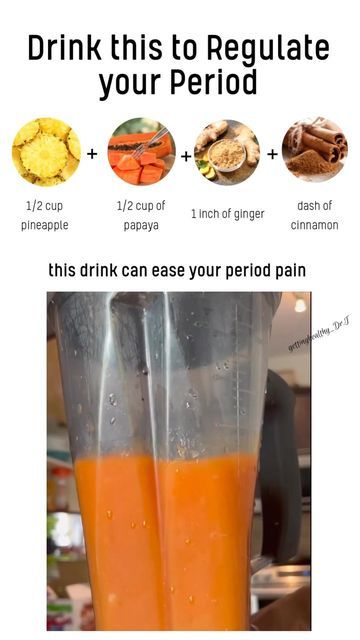 Dr. T | Dr of Pharmacy on Instagram: "Try this delicious drink to regulate your period! Papaya contains carotene, a nutrient that supports estrogen levels. Pineapples contain the enzyme bromelain, which helps with blood flow. Cinnamon helps to regulate insulin levels which may have an effect on other hormones and the menstrual cycle. 1/2 cup of pineapple 1/2 cup of papaya 1 inch of ginger Dash of cinnamon 1 cup of water Blend until smooth and enjoy! #papaya #papayajuice #pineappl Papaya For Periods, Best Foods On Your Period, Menstrual Cycle Smoothie, Period Smoothie Recipes, What To Drink On Your Period, Teas For Menstrual Cycle, Papaya Benefits For Women, Period Drinks, Healthy Juicer Recipes