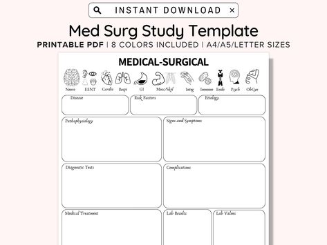 Printable Med Surg Map | Nursing Notes | NCLEX | Nursing Student Study Guide | Disease Template Concept Map Template, Lab Values, Surgical Nursing, Medical Surgical Nursing, Med Surg, Concept Map, Nursing Notes, Notes Template, Nursing Student