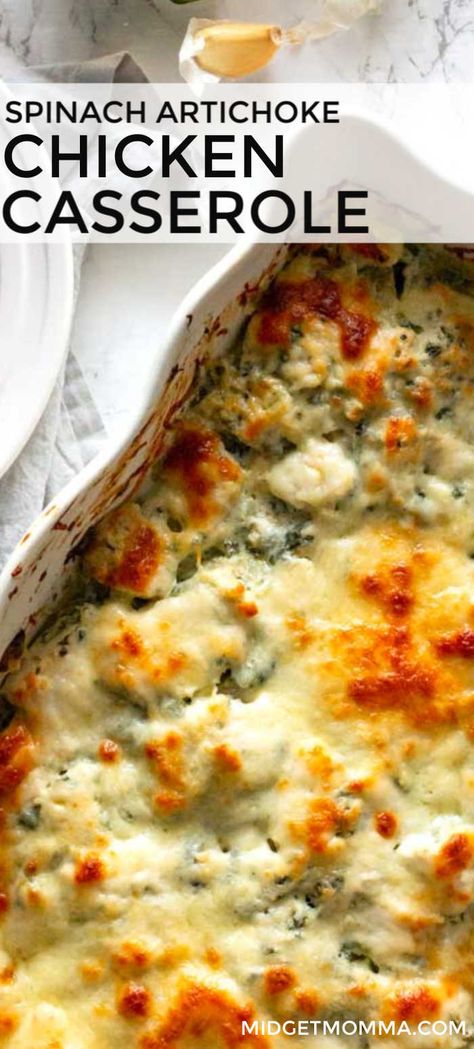 Spinach and Artichoke Chicken Casserole Recipe. If you love spinach stuffed chicken with artichokes or you love spinach artichoke dip then you are going to LOVE this spinach artichoke chicken casserole! #midgetmomma #spinach #artichoke #chicken #casserole Spinach And Artichoke Chicken, Spinach Artichoke Chicken Casserole, Chicken And Spinach Casserole, Tartiflette Recipe, Spinach Artichoke Chicken, Spinach Casserole, Chicken Casserole Recipe, Artichoke Chicken, Cheesy Casserole