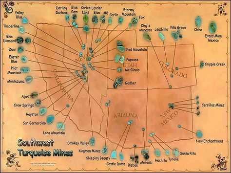 Stones used in Native American Indian Jewelry--A GREAT MAP OF AMERICAN SOUTHWEST TURQUOISE MINES & EXACTLY WHAT THE DIFFERENT KINDS OF TURQUOISE LOOKS LIKE.  VERY ACCURATE INFORMATION.  SEE THEIR WEBSITE FOR TURQUOISE DEFINITIONS. Native American Bracelets, American Indian Jewelry, Native American Turquoise, American Turquoise, Location Map, Rocks And Gems, Gems And Minerals, Native American Indians, Stunning Jewellery