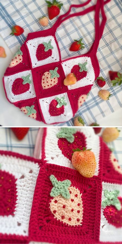 Cherry Crochet Granny Squares, Vegetable Granny Square, Cute Crochet Bags Free Pattern, Crochet Fruit Bags, Crochet For Friends Gift Ideas, Granny Square Tote Bag Pattern Free, Free Crochet Patterns Bag, Free Crochet Tote Bag Patterns, Fruit Crochet Bag