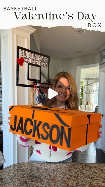 Courtney Hamilton on Instagram: "Valentine’s Day DIY basketball box 🏀 Jackson loves basketball and wanted a basketball themed box for his Valentines party at school.  I painted a shoebox with craft paint & headed to @dollartree and found a small basketball hoop.  I drilled it to a piece of wood and zip tied it to the side of the shoebox to secure it.  I painted on the basketball lines with a paint pen & added stickers.  This was a quick, budget friendly diy.  Follow along for more! #basketball #valentines #valentinesbox #classparty #valentinesday #kids #kidscrafts #basketballbox #basketballvalentines #school #diy #craft #valentinesparty #explore" Diy Wood Basketball Hoop, Basketball Money Gift Ideas, Diy Basketball Decor, Diy Basketball Gifts, Diy Basketball Party, Courtney Hamilton, Diy Basketball Hoop, Basketball Valentines, Basketball Diy