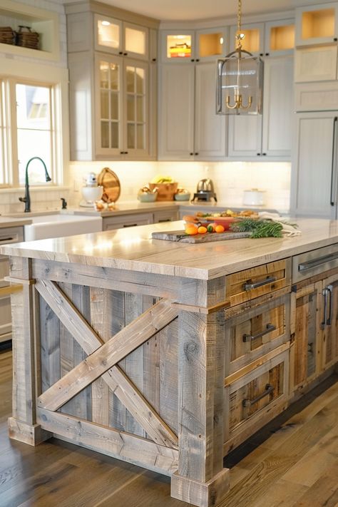 Discover the perfect storage solutions for your farmhouse kitchen island, combining practicality with style. 📦🏡 Kitchen Island Farmhouse Sink, Farmhouse Kitchen Islands Ideas, Barnwood Kitchen Island, Rustic Island Kitchen, Farmhouse Kitchen Island Decor Ideas, Diy Farmhouse Kitchen Island, Rustic Kitchen Island With Seating, Farmhouse Island Kitchen, Farmhouse Kitchen Island Ideas