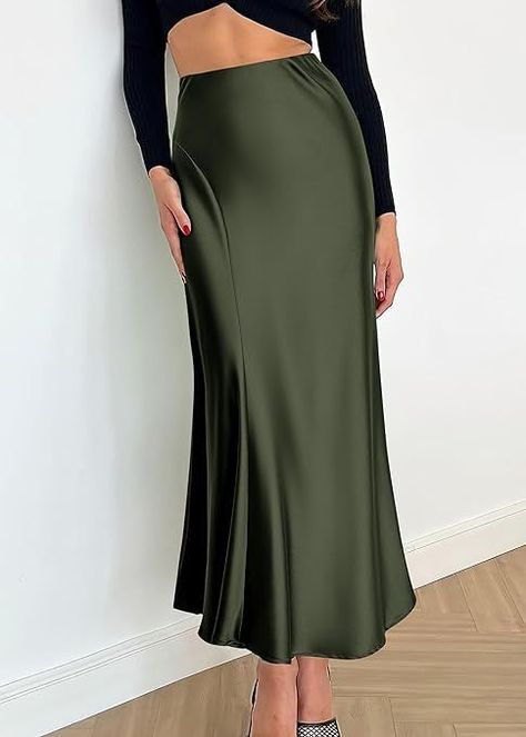 Women's Satin Elastic High Waisted Maxi Skirt 2024 Trendy Summer Silky A-Line Casual.#maxikirt#summerskirt#springskirt#satin Long Satin Skirt, Earthy Style, Satin Maxi Skirt, High Waisted Maxi Skirt, Work Skirts, Satin Skirt, Street Style Looks, Dressy Casual, Seasonal Fashion