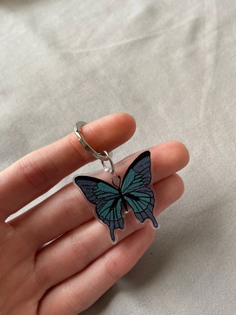 Shrink Wrap Keychain, Shrink Keychain, Shrink Plastic Keychain, Shrinky Dink Keychain, Shrinky Dink Crafts, Grey Butterfly, Plastic Keychain, Butterfly Keychain, Shrinky Dink