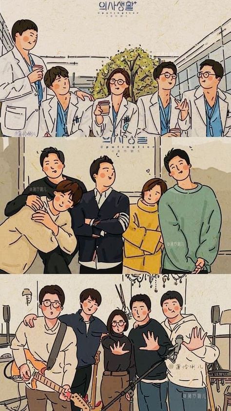 Hospital Playlist Drawing, Hospital Playlist Illustration, Hospital Playlist Fanart, Korean Art Illustration, Kdrama Illustration Art, Korean Fanart, Drama Wallpaper, Korean Illustration, Kdrama Wallpaper