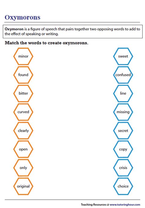 Matching Words to Create Oxymorons Oxymoron Worksheet, Oxymoron Quotes, Oxymoron Art, Synonyms And Antonyms Worksheet, Synonyms And Antonyms Worksheet Grade 5, Active And Passive Voice, Ela Worksheets, Types Of Sentences, Substitute Teaching