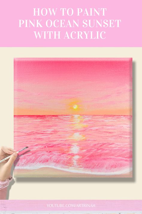 Canvas Painting Ideas Pastel Colors, Pastel Ocean Painting, Pink Beach Art, Pink Sea Painting, Pink Ocean Painting, Pink Paintings Aesthetic, Pink Beach Painting, Pink Sunset Painting Acrylic, Pastel Sunset Painting