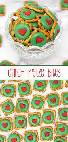 Grinch Pretzel Bites – crunchy pretzel snaps, festive green chocolate wafers, and a delightful red heart quin; a sweet and salty holiday treat that even a Grinch will love. via @SarahsBakeStudio Pretzel Snaps, Grinch Christmas Party, Holiday Snacks, Chocolate Wafers, Christmas Sweets, Christmas Snacks, Christmas Cooking, Grinch Christmas, Christmas Goodies