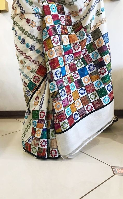 Pure silk 'Baul Kantha' from Shanti niketan. Combination of silk patch work secured in place with kantha stitch. #silkdesignersaris #silkuniquekantha #designerkanthasaris #exclusivesarisnavimumbai #kashasaris Shanti Niketan, Kantha Stitch Saree, Kantha Work Sarees, Stitch Saree, Wedding Saree Blouse Designs, Kutch Work, Kantha Embroidery, Sewing Tutorials Clothes, Border Embroidery Designs