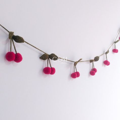 Cherry Crochet, Cherry Birthday, Garland Crochet, Crochet Bunting, Strawberry Shortcake Party, Crochet Etsy, Hanging Crystals, Bunting Garland, Baby Diy