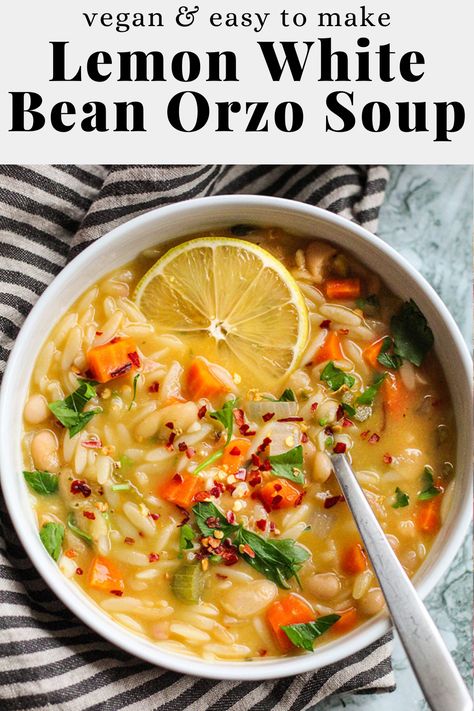 This Lemon White Bean Orzo Soup is easy to make, but bursting with flavor. The bright notes of lemon pair well with a delicate garlicky broth. Vegan and easy to make. White Bean Orzo, Lemon Orzo Soup, Cozy Soup, Lemon Orzo, Orzo Soup, White Bean Soup, Food Test, White Bean, Bean Soup