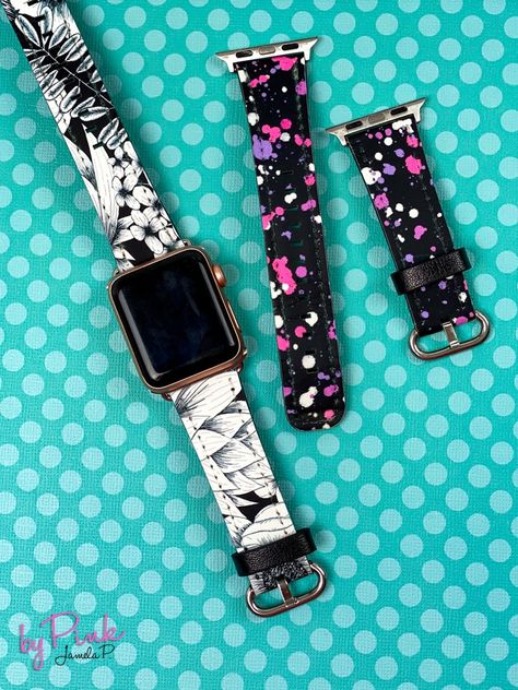 set of 2 diy watch bands made with cricut infusible ink Diy Apple Watch Band, Band Stencil, Diy Watch Band, Diy Watch, Cricut Earrings, Diy Apple, Infusible Ink Transfer Sheets, Cricut Images, Invisible Ink