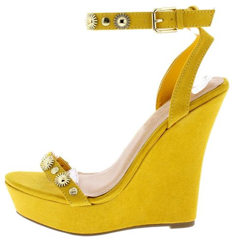 Benjamin044 Yellow Embellished Open Toe Ankle Strap Wedges Only $10.88 - Wholesale Fashion Shoes Heels Yellow, Edgy Shoes, Yellow Wedges, Wedges Style, Ankle Strap Wedges, High Heel Wedges, Womens Wedges, Ankle Straps, Womens Shoes Wedges