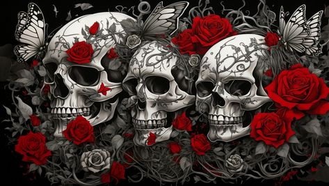 3 Beautiful Skulls Skull Wallpaper Laptop, Discord Wallpaper, Sublimacion Ideas, Laptop Wallpapers, Skull Art Drawing, Gothic Wallpaper, Spider Tattoo, Wallpaper Laptop, Red Skull