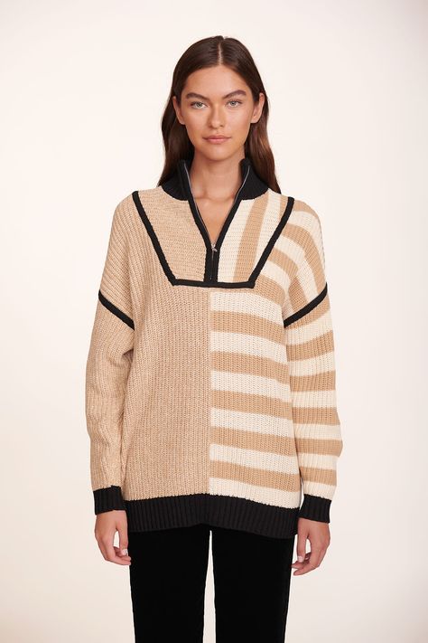 Our chunky cotton knit Hampton Sweater is an oversized boyfriend-style sweater in a seasonal, neutral stripe pattern. This style features a half-zip detail at the front. Fitted Knit Dress, Striped Sweater Dress, Mommy Style, Chevron Stripe, Boyfriend Style, Knit Mini Dress, Knitted Tank Top, Knit Vest, Striped Sweater