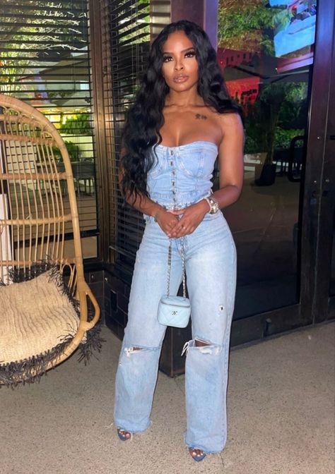 Jean Corset Top Outfit Black Women, Bells Bottom Jeans Outfit, 22nd Birthday Outfits For Women, Demin Romper Outfit Jumpsuits, Black Women Bday Outfits, August Concert Outfit, Sports Game Date Night Outfit, All Blue Jean Outfits For Black Women, Graphic Tee And Heels Outfit Black Women