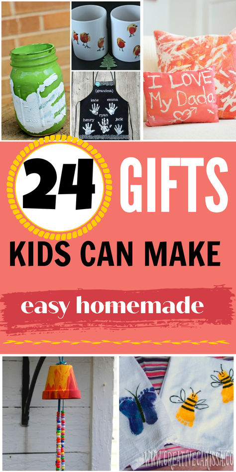 Easy gifts kids can make for parents. These 24 diy gift ideas make great homemade Christmas gifts for mom, dad or grandparents. Gifts for toddlers, preschoolers and older kids to make at school and bring home: handprint gifts, fingerprint gifts and more. Handprint Gift Ideas For Grandparents, Gifts From Toddlers Homemade Christmas, Toddler Gifts For Parents Christmas, Holiday Gift Crafts For Kids, Gifts From Nanny To Parents, Diy Gift Ideas For Kids To Make, Gifts To Make For Parents From Kids, Easy Gifts For Grandparents, Diy Christmas Gifts From Kids To Grandma