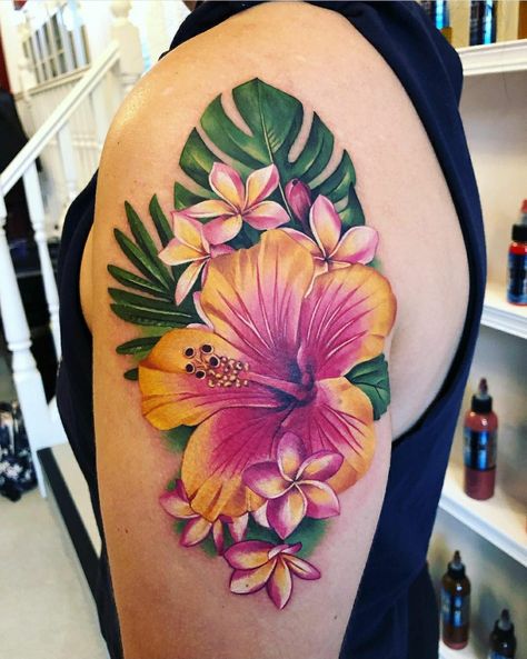 Color Hibiscus Flower Tattoos, Tropical Flower Tattoos Color, Tropical Shoulder Tattoo, Tropical Tattoo Design, Colorful Hibiscus Tattoo, Tropical Flower Tattoos For Women, Hibiscus Watercolor Tattoo, Hawaiian Flower Tattoos For Women, Tattoo Cover Ups For Women