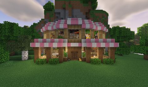 Minecraft: How to Build a Cat Cafe Tutorial Minecraft Cottage Bakery, Cute Shop Minecraft, Minecraft Cottagecore Cafe, Minecraft Building Ideas Bakery, Cat Cafe Minecraft Build, Cat Cafe Minecraft Ideas, Minecraft Cafe Build Cottagecore, Cat House Minecraft Ideas, Cute Minecraft Bakery