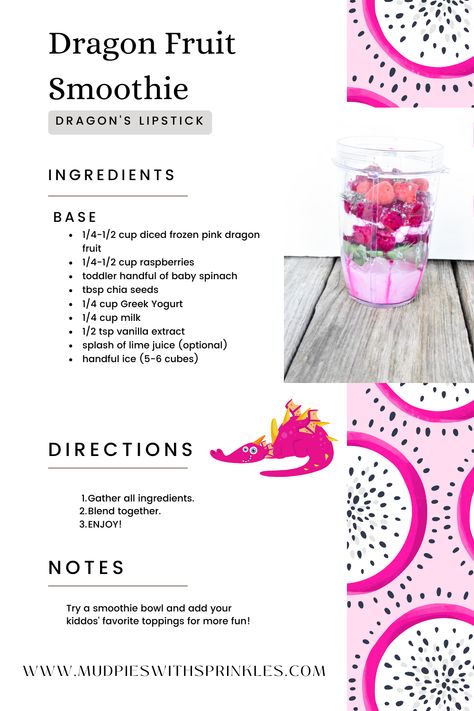 Page of Smoothie Recipe book for Dragon Fruit Smoothie listing the ingredients and instructions with a pink carton dragon, decorative sliced dragon fruit, and an image of all the vibrant bright pink and colorful ingredients packed into a 16 ounce cup of a Ninja Blender. Smoothies With Dragon Fruit, White Dragon Fruit Smoothie, Red Dragon Fruit Recipes, Smoothie Recipes With Dragon Fruit, Dragonfruit Smoothie Healthy, How To Make Dragon Fruit Juice, Pink Dragon Fruit Smoothie, Pink Smoothie Recipe, Blackberry Smoothie Recipes