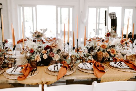 Prepare to Be Wow'd by This Romantic Chapel Destination Wedding with Thoughtful Details Nashville Bride Guide Autumn Table Setting, Aisle Planner, Burnt Orange Wedding, Nashville Bride, Burnt Orange Weddings, Details Photography, Orange Table, Wedding Backdrop Design, Bride Guide