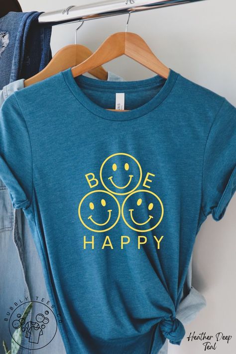 Happy Face Shirt, Smiley Face Tshirt, Smiley Face Shirt, Yellow Smiley Face, Happy Shirt, Happy Design, Boho Shirts, Comfort Color, Deep Teal