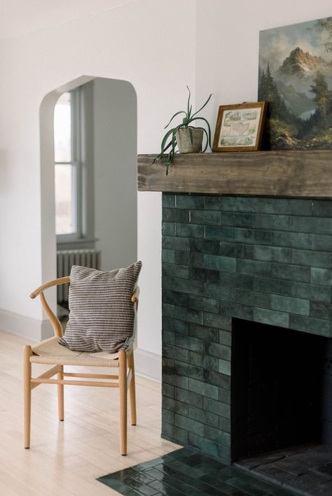 The fireplace in our house was finished in 70s brick and tile when we bought it. I envisioned something more historically accurate, and dreamed about reproduction green ceramic tile.

#greentile #greenfireplace #fireplace #fireplacebeforeandafter #fireplaceideas #fireplacetile #tiledfireplace #historicalfireplace Green Ceramic Tile, Fireplace Remodel, Brick Tiles, Diy Fireplace, Home Fireplace, Living Room Green, Fireplace Makeover, Green Tile, The Fireplace