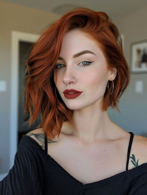 Black Hair Or Brown Hair, Asymmetrical Bob Red Hair, Long Bob Haircuts For Square Faces, Fall 2024 Short Hair Color, Red Color On Brown Hair, Red Head Bob Hairstyles, Short Hair Color Women, Dark To Copper Hair, Copper Halo Hair